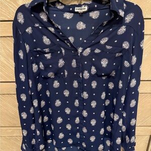 Express Navy Paisley-Print Button-Front Blouse